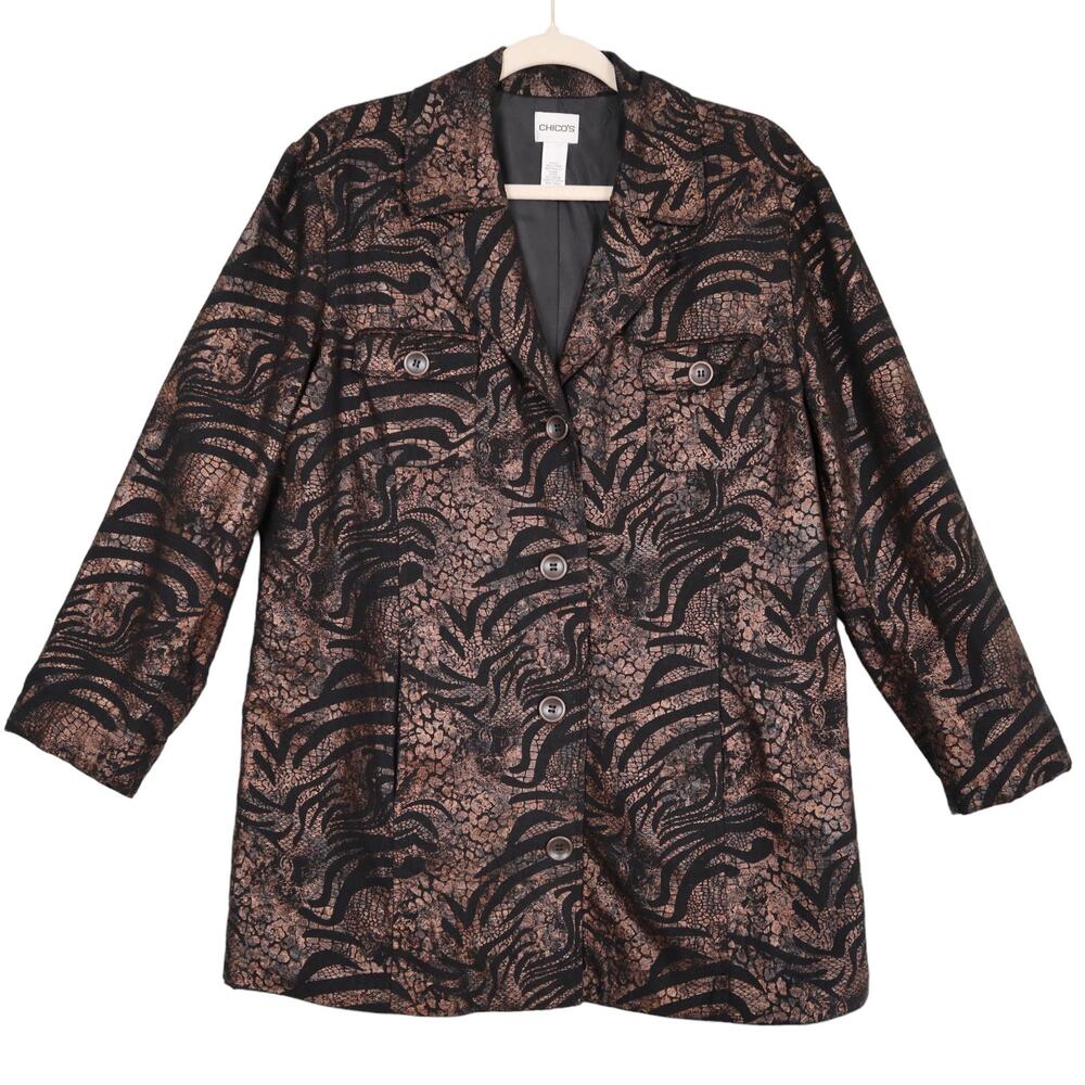 Chicos Womens Abstract Reptile Print Blazer Jacket Size XL Brown Linen Blend Art
